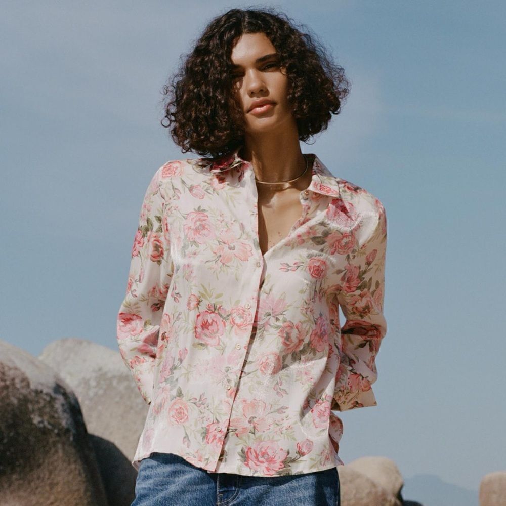 ZARA METALLIC THREAD FLORAL PRINT SHIRT